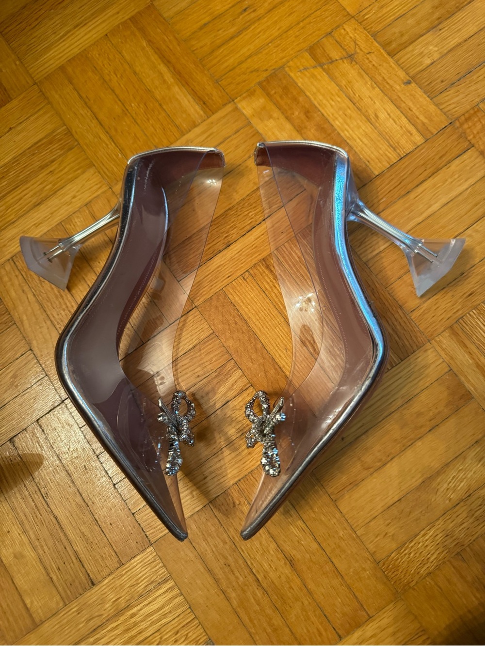 Amina Muaddi Clear PVC Pointed Pumps with Crystal Bow & Silver Trim - Picture 2 of 5